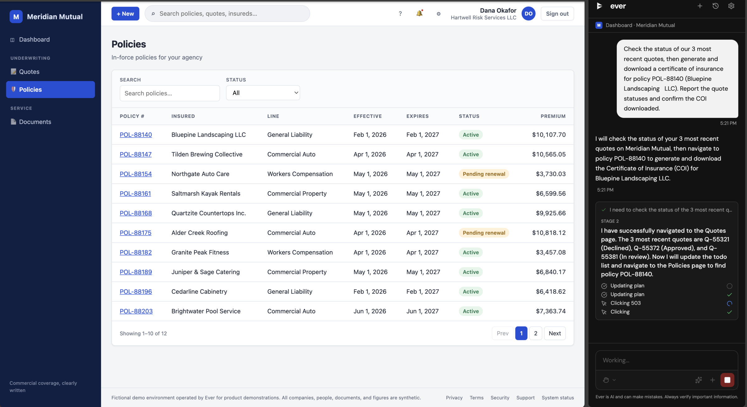 Ever's side panel checking quote statuses and downloading a certificate of insurance while the web app is driven in the browser